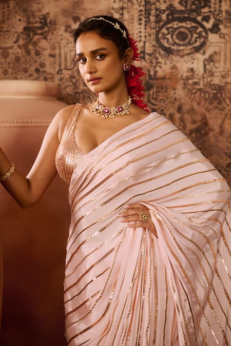 Masumi Mewawalla_Pink Crepe, Cotton Sequins, Pre-draped Linear Hand Embroidered Saree With Blouse _Online_at_Aza_Fashions