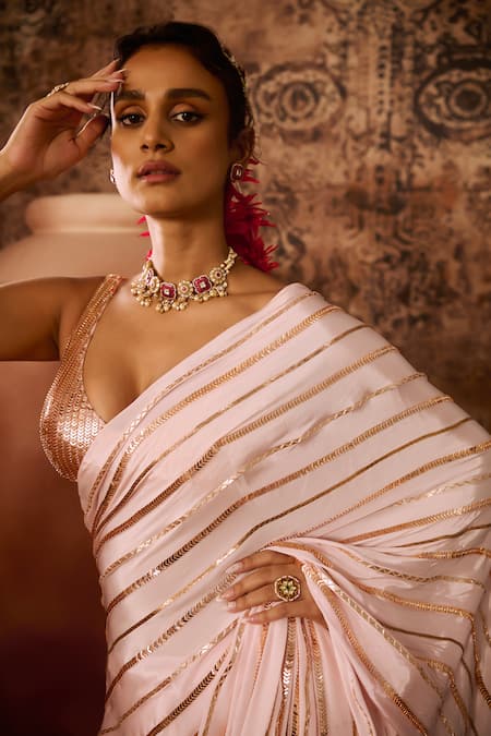 Buy_Masumi Mewawalla_Pink Crepe, Cotton Sequins, Pre-draped Linear Hand Embroidered Saree With Blouse _Online_at_Aza_Fashions