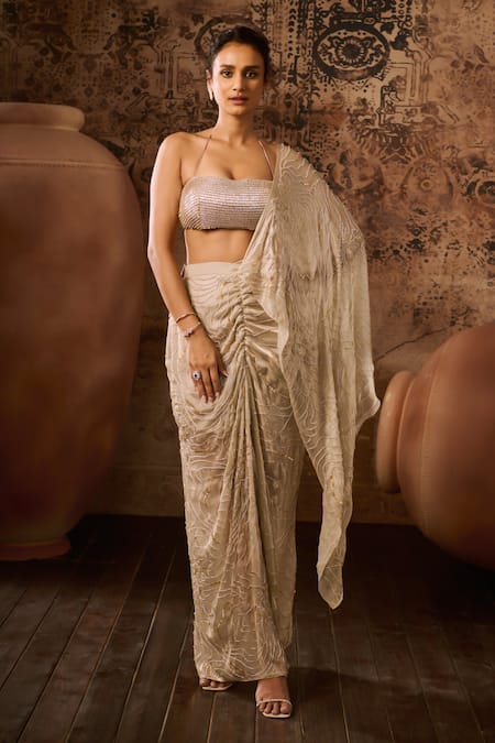 Masumi Mewawalla Pre-Draped Swirl Hand Embroidered Saree With Blouse 