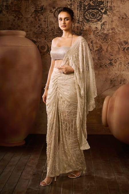 Masumi Mewawalla Beige Silk, Linen Beads, Cut Work, Pre-draped Swirl Hand Saree With Blouse Online at Aza Fashions Masumi Mewawalla_Beige Silk, Linen Beads, Cut Work, Pre-draped Swirl Hand Saree With Blouse _Online_at_Aza_Fashions