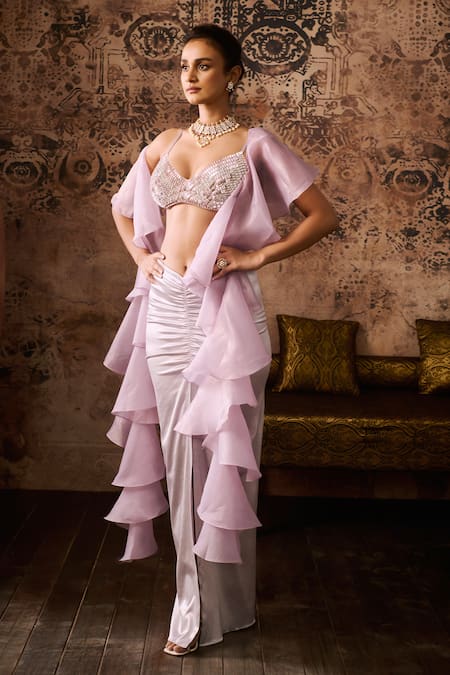 Buy_Masumi Mewawalla_Purple Silk, Chiffon Crystals, Embroidery Hand Blouse And Draped Skirt Set _Online_at_Aza_Fashions
