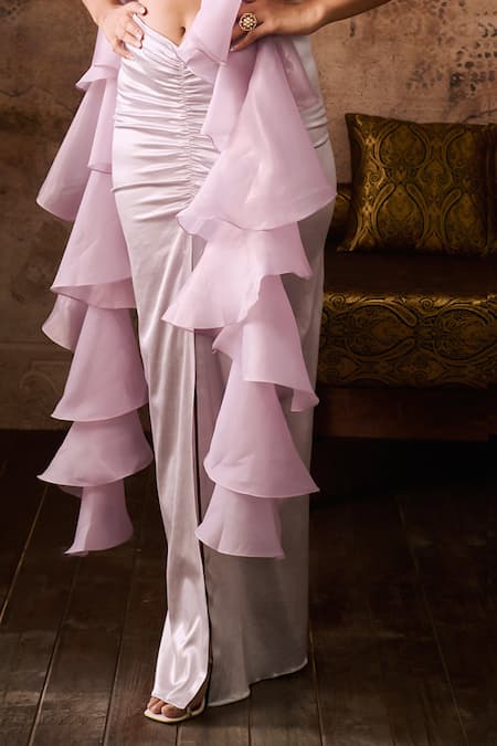 Shop_Masumi Mewawalla_Purple Silk, Chiffon Crystals, Embroidery Hand Blouse And Draped Skirt Set _Online_at_Aza_Fashions