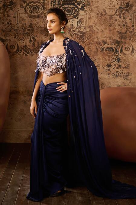 Masumi Mewawalla_Blue Silk Sequins, Tassels Hand Embroidered Cape And Draped Skirt Set _at_Aza_Fashions