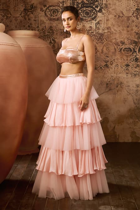 Masumi Mewawalla Pink Satin, Organza, Net Cut Work, Sequins, Hand Blouse With Layered Skirt Online at Aza Fashions Masumi Mewawalla_Pink Satin, Organza, Net Cut Work, Sequins, Hand Blouse With Layered Skirt _Online_at_Aza_Fashions