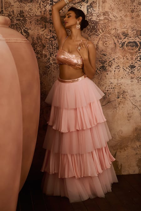 Buy Masumi Mewawalla Pink Satin, Organza, Net Cut Work, Sequins, Hand Blouse With Layered Skirt Online at Aza Fashions Buy_Masumi Mewawalla_Pink Satin, Organza, Net Cut Work, Sequins, Hand Blouse With Layered Skirt _Online_at_Aza_Fashions