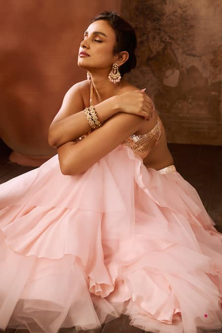 Shop Masumi Mewawalla Pink Satin, Organza, Net Cut Work, Sequins, Hand Blouse With Layered Skirt Online at Aza Fashions Shop_Masumi Mewawalla_Pink Satin, Organza, Net Cut Work, Sequins, Hand Blouse With Layered Skirt _Online_at_Aza_Fashions