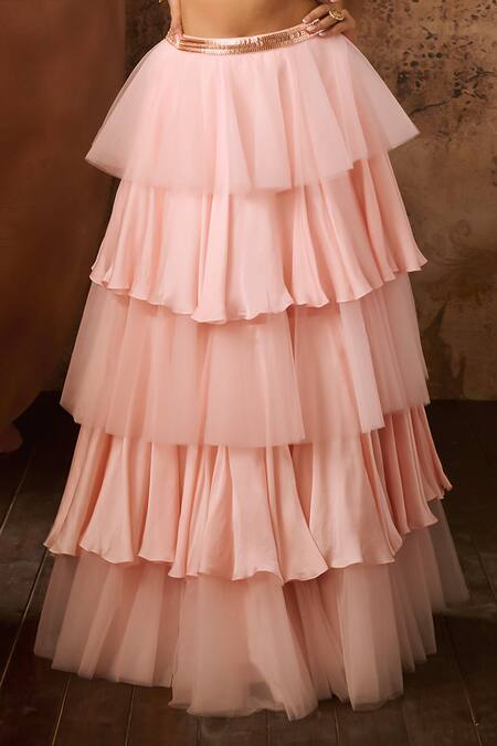 Buy Masumi Mewawalla Pink Satin, Organza, Net Cut Work, Sequins, Hand Blouse With Layered Skirt Buy_Masumi Mewawalla_Pink Satin, Organza, Net Cut Work, Sequins, Hand Blouse With Layered Skirt