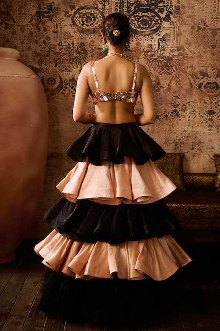 Masumi Mewawalla Hand Embroidered Blouse With Dual Tone Layered Skirt 