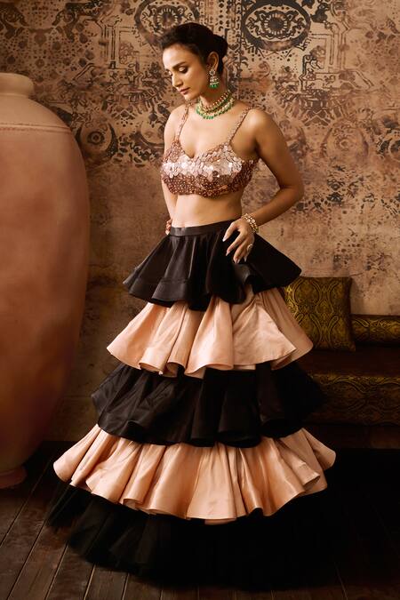 Masumi Mewawalla_Black Net, Silk Embroidery Sweetheart Hand Blouse With Dual Tone Layered Skirt _Online_at_Aza_Fashions