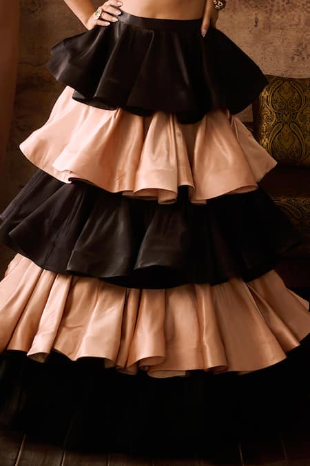 Buy_Masumi Mewawalla_Black Net, Silk Embroidery Sweetheart Hand Blouse With Dual Tone Layered Skirt _Online_at_Aza_Fashions