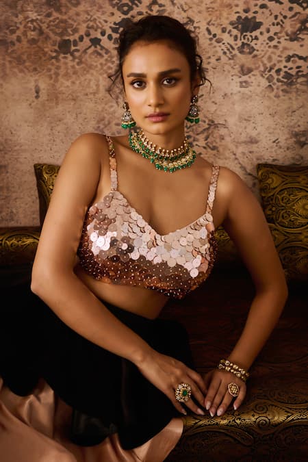 Shop_Masumi Mewawalla_Black Net, Silk Embroidery Sweetheart Hand Blouse With Dual Tone Layered Skirt _Online_at_Aza_Fashions