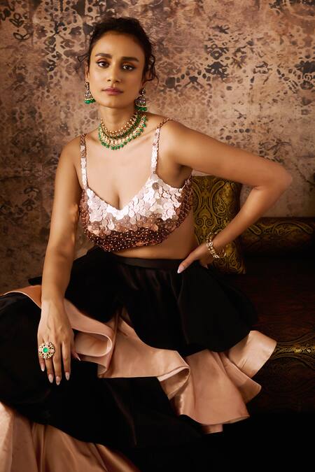 Masumi Mewawalla_Black Net, Silk Embroidery Sweetheart Hand Blouse With Dual Tone Layered Skirt _at_Aza_Fashions