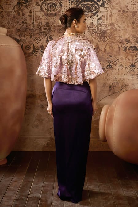 Masumi Mewawalla Sequin Hand Embroidered Cape & Draped Skirt Set 