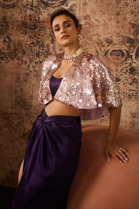 Masumi Mewawalla Purple Organza, Silk Sequins Round Neck Hand Embroidered Cape And Draped Skirt Set Online at Aza Fashions Masumi Mewawalla_Purple Organza, Silk Sequins Round Neck Hand Embroidered Cape And Draped Skirt Set _Online_at_Aza_Fashions
