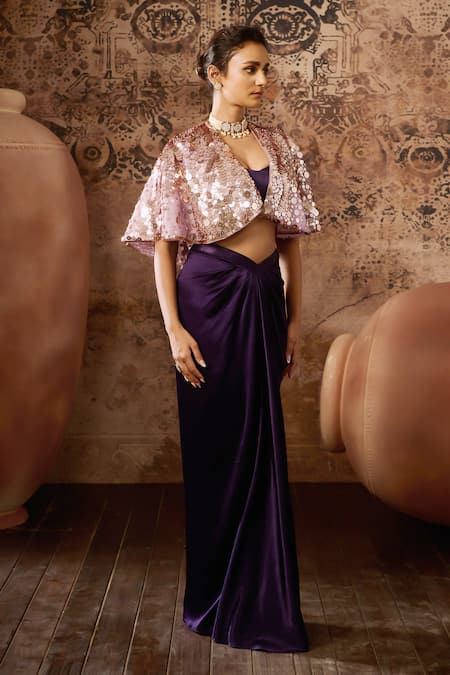 Buy Masumi Mewawalla Purple Organza, Silk Sequins Round Neck Hand Embroidered Cape And Draped Skirt Set Buy_Masumi Mewawalla_Purple Organza, Silk Sequins Round Neck Hand Embroidered Cape And Draped Skirt Set