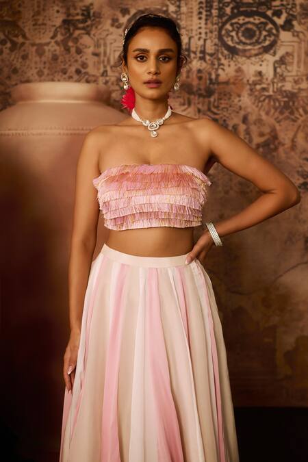 Buy Masumi Mewawalla Pink Satin, Organza, Linen Fringe, Embroidery Square Layered Blouse With Skirt Online at Aza Fashions Buy_Masumi Mewawalla_Pink Satin, Organza, Linen Fringe, Embroidery Square Layered Blouse With Skirt _Online_at_Aza_Fashions