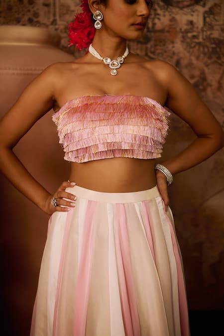 Shop Masumi Mewawalla Pink Satin, Organza, Linen Fringe, Embroidery Square Layered Blouse With Skirt Online at Aza Fashions Shop_Masumi Mewawalla_Pink Satin, Organza, Linen Fringe, Embroidery Square Layered Blouse With Skirt _Online_at_Aza_Fashions