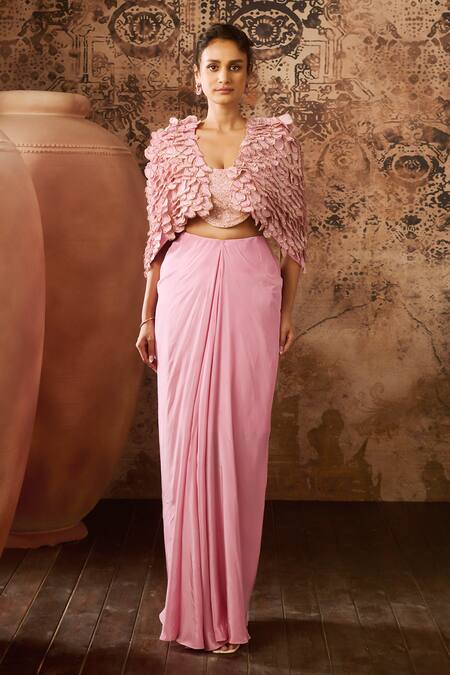 Buy_Masumi Mewawalla_Pink Satin, Crepe Sequins, Embroidery Open Neck Scallop Hand Cape And Skirt Set _Online_at_Aza_Fashions