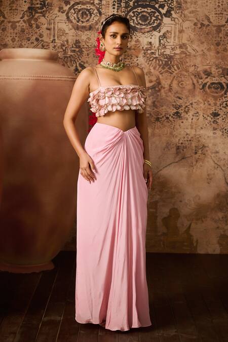 Buy_Masumi Mewawalla_Pink Maheshwari Embroidery Square Neck 3d Hand Blouse With Skirt _Online_at_Aza_Fashions