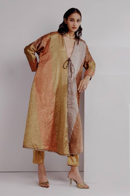 Shop Taisha Multi Color Silk Embroidery V-neck, Hema Botanical Kimono Jacket And Pant Set Online at Aza Fashions Shop_Taisha_Multi Color Silk Embroidery V-neck, Hema Botanical Kimono Jacket And Pant Set _Online_at_Aza_Fashions