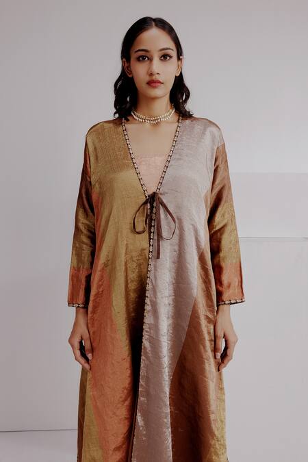 Taisha Multi Color Silk Embroidery V-neck, Hema Botanical Kimono Jacket And Pant Set at Aza Fashions Taisha_Multi Color Silk Embroidery V-neck, Hema Botanical Kimono Jacket And Pant Set _at_Aza_Fashions