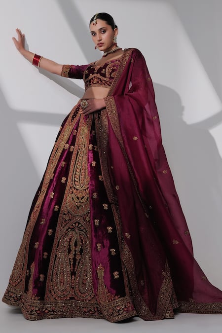 Taisha_Burgundy , Organza Embroidery, Nadia Pure Velvet Bridal Lehenga Set _Online_at_Aza_Fashions