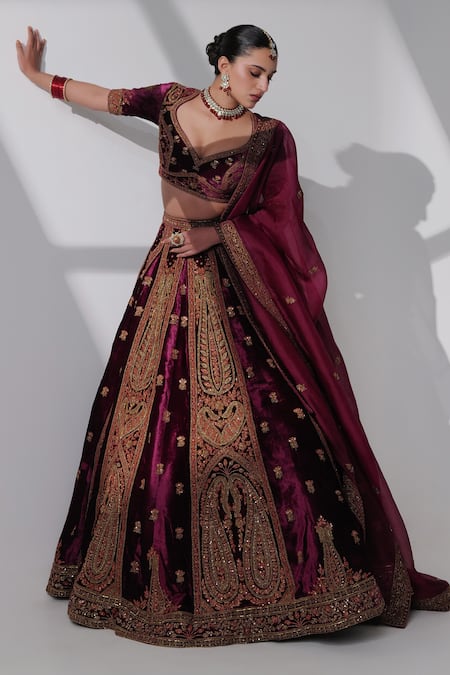 Buy_Taisha_Burgundy , Organza Embroidery, Nadia Pure Velvet Bridal Lehenga Set _Online_at_Aza_Fashions
