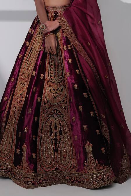 Shop_Taisha_Burgundy , Organza Embroidery, Nadia Pure Velvet Bridal Lehenga Set _Online_at_Aza_Fashions