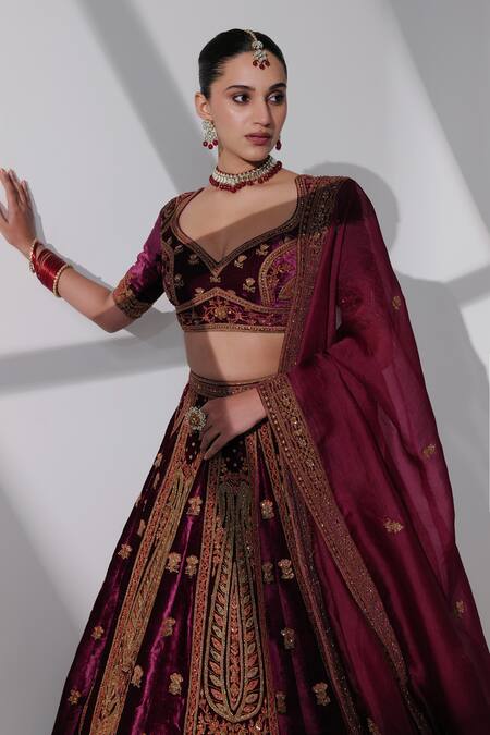 Taisha_Burgundy , Organza Embroidery, Nadia Pure Velvet Bridal Lehenga Set _at_Aza_Fashions