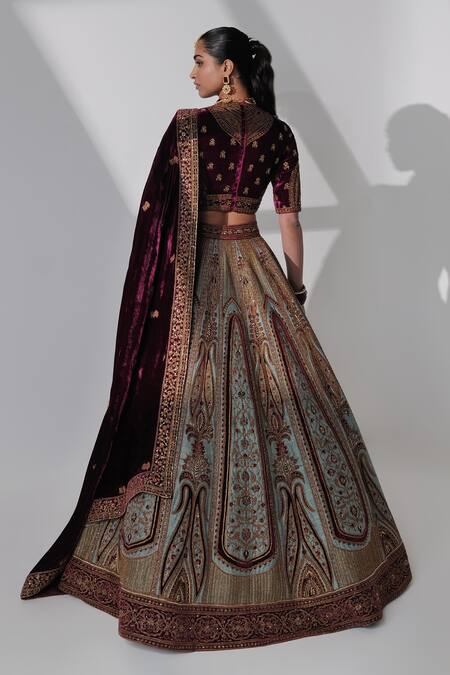 Shop_Taisha_Blue Silk, Velvet Embroidery V-neck Aicha Floral Bridal Lehenga Set _at_Aza_Fashions