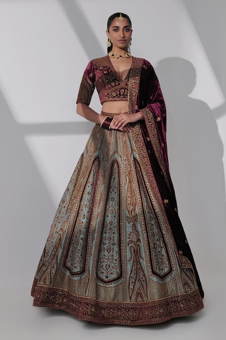 Taisha_Blue Silk, Velvet Embroidery V-neck Aicha Floral Bridal Lehenga Set _Online_at_Aza_Fashions