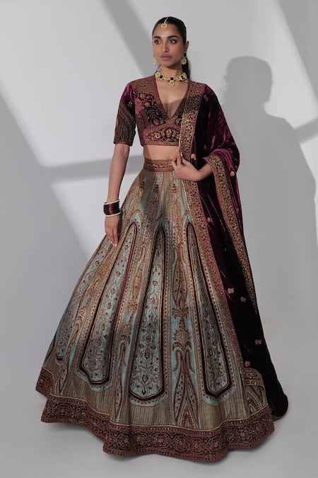 Buy_Taisha_Blue Silk, Velvet Embroidery V-neck Aicha Floral Bridal Lehenga Set _Online_at_Aza_Fashions
