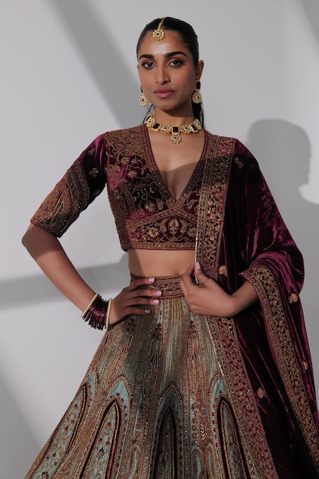 Shop_Taisha_Blue Silk, Velvet Embroidery V-neck Aicha Floral Bridal Lehenga Set _Online_at_Aza_Fashions