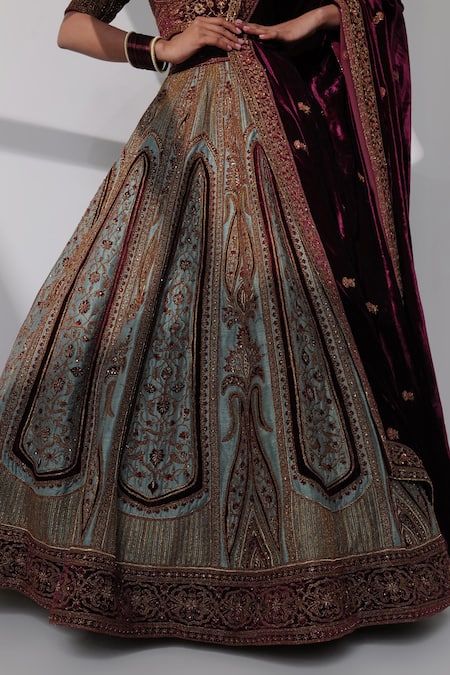 Taisha_Blue Silk, Velvet Embroidery V-neck Aicha Floral Bridal Lehenga Set _at_Aza_Fashions