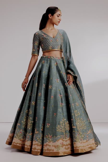 Taisha Blue Pure Matka Silk Hand Embroidery Crane V-neck Sora Lehenga Set 