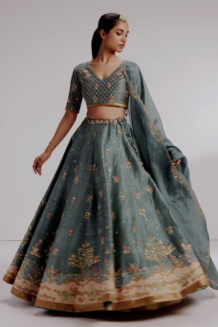 Taisha Blue , Organza Sequins, Embroidery V-neck Sora Crane Lehenga Set Online at Aza Fashions Taisha_Blue , Organza Sequins, Embroidery V-neck Sora Crane Lehenga Set _Online_at_Aza_Fashions