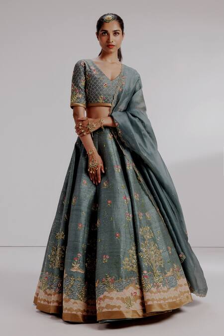 Buy Taisha Blue , Organza Sequins, Embroidery V-neck Sora Crane Lehenga Set Online at Aza Fashions Buy_Taisha_Blue , Organza Sequins, Embroidery V-neck Sora Crane Lehenga Set _Online_at_Aza_Fashions