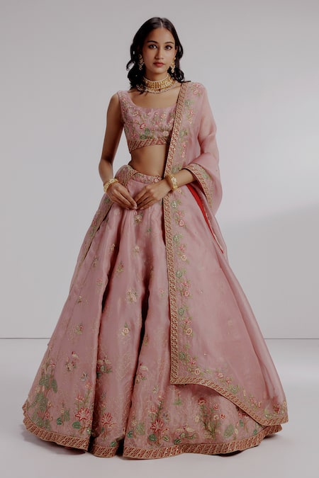 Taisha Pink Pure Silk Organza Hand Embroidery Flamingo U-neck Alita Lehenga Set 