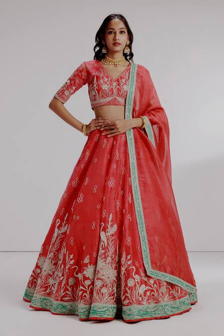 Buy_Taisha_Red , Organza Embroidery, Sequins Gouri Floral Bridal Lehenga Set _Online_at_Aza_Fashions
