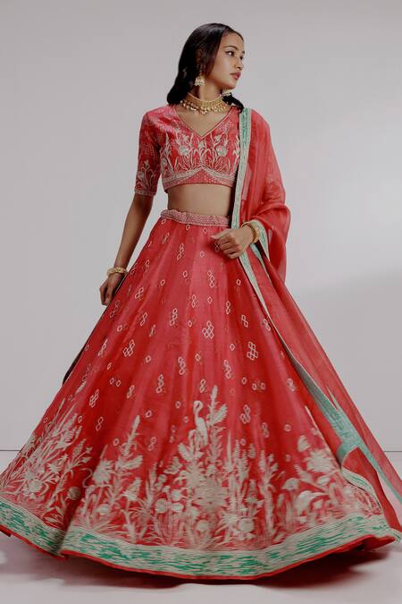 Shop_Taisha_Red , Organza Embroidery, Sequins Gouri Floral Bridal Lehenga Set _Online_at_Aza_Fashions