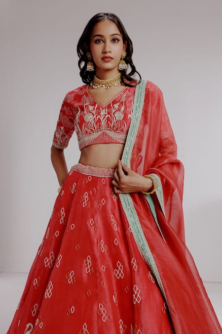 Taisha_Red , Organza Embroidery, Sequins Gouri Floral Bridal Lehenga Set _at_Aza_Fashions