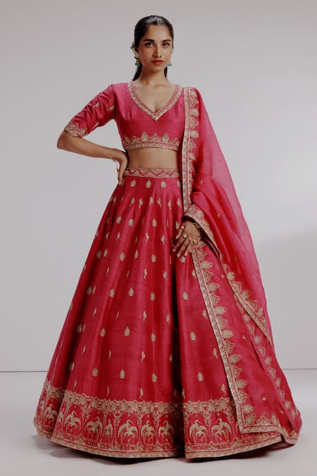 Taisha Red Pure Silk Organza Hand Embroidery Crane Bird V-neck Nadira Lehenga Set 