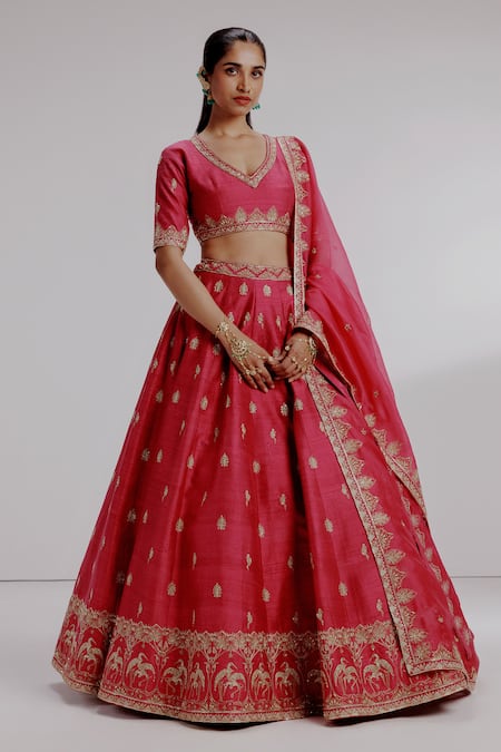 Taisha_Red , Organza Sequins, Embroidery V-neck Nadira Crane Bird Lehenga Set _Online_at_Aza_Fashions