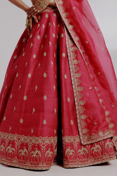 Taisha_Red , Organza Sequins, Embroidery V-neck Nadira Crane Bird Lehenga Set _at_Aza_Fashions