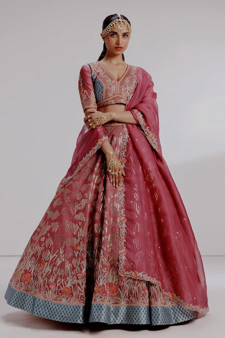 Taisha Sugna Pure Kadhwa Silk Mughal Embroidered Border Lehenga Set 