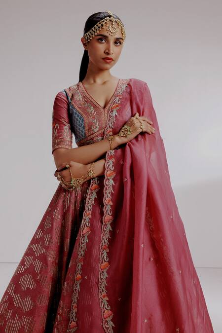 Shop Taisha Purple Silk, Kota Doria Sequins, Sugna Pure Kadhwa Mughal Border Lehenga Set Online at Aza Fashions Shop_Taisha_Purple Silk, Kota Doria Sequins, Sugna Pure Kadhwa Mughal Border Lehenga Set _Online_at_Aza_Fashions