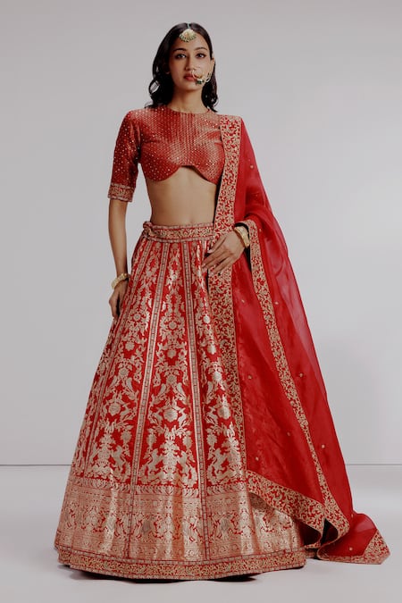 Taisha_Red Silk, Satin, Chitrita Pure Banarasi Katan Embroidered Bridal Lehenga Set _Online_at_Aza_Fashions