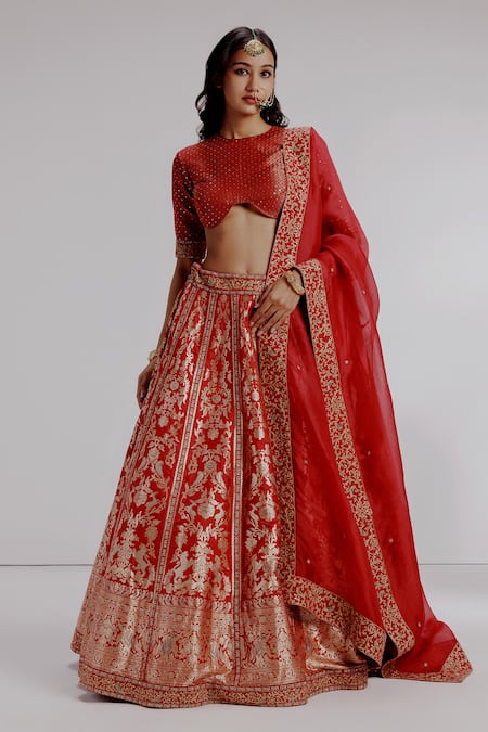 Buy_Taisha_Red Silk, Satin, Chitrita Pure Banarasi Katan Embroidered Bridal Lehenga Set _Online_at_Aza_Fashions