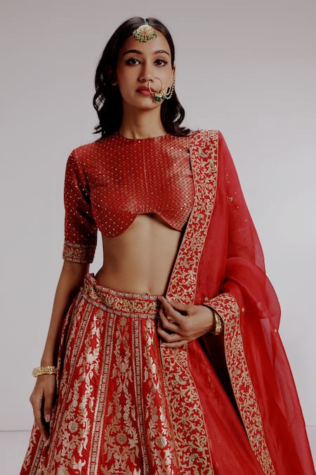 Shop_Taisha_Red Silk, Satin, Chitrita Pure Banarasi Katan Embroidered Bridal Lehenga Set _Online_at_Aza_Fashions