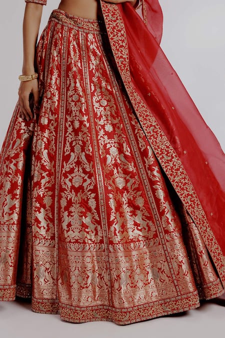 Taisha_Red Silk, Satin, Chitrita Pure Banarasi Katan Embroidered Bridal Lehenga Set _at_Aza_Fashions